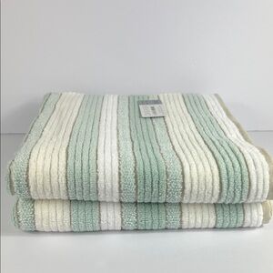 Casaba Bath Towel Set Striped Green Tan White Zero Twist Quick Dry 2 Pc NEW
